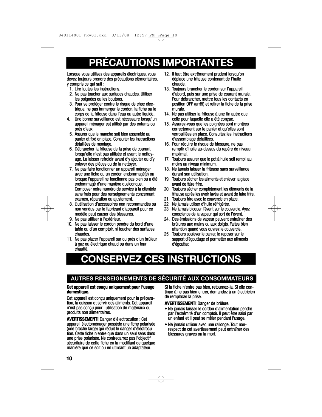 Hamilton Beach 840114001 manual Précautions Importantes, Conservez Ces Instructions 