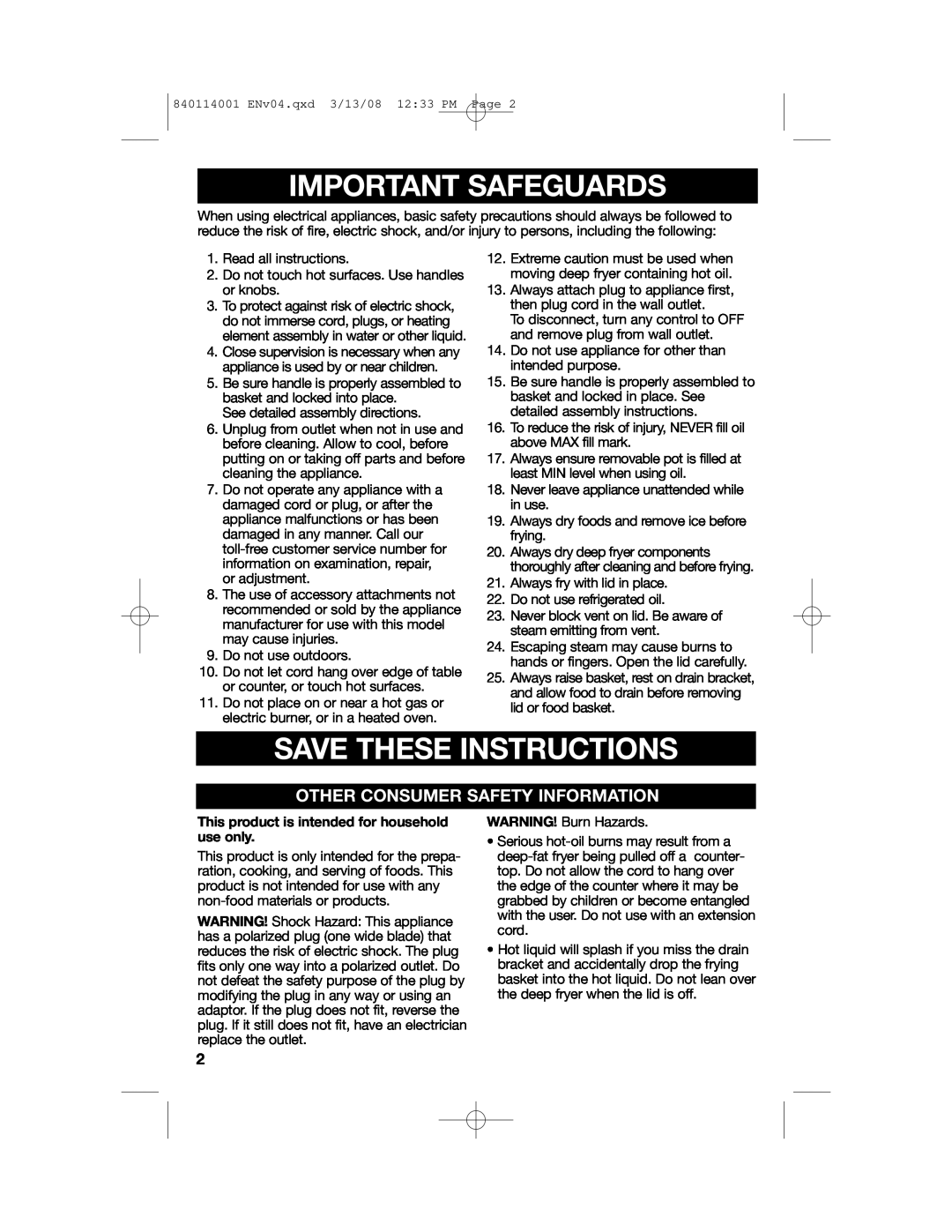 Hamilton Beach 840114001 manual Important Safeguards, Save These Instructions, Other Consumer Safety Information 