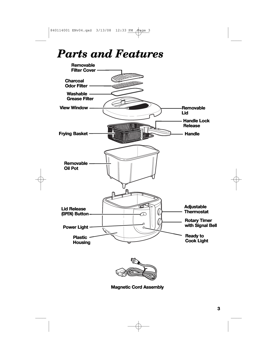 Hamilton Beach 840114001 manual Parts and Features 