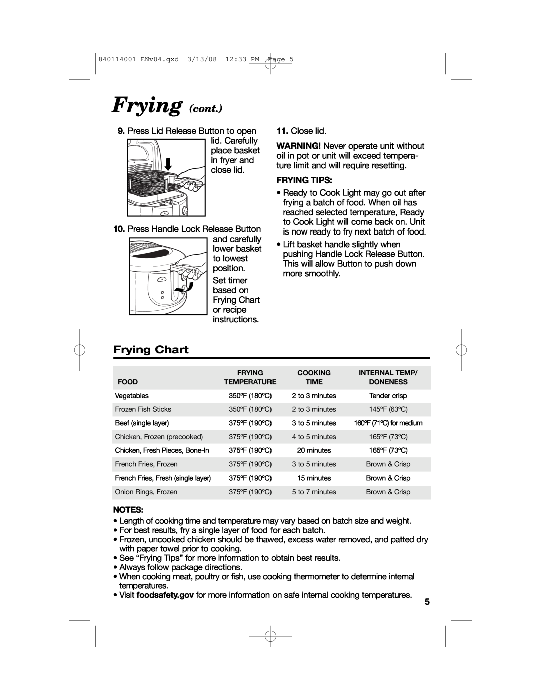 Hamilton Beach 840114001 manual Frying cont, Frying Chart 
