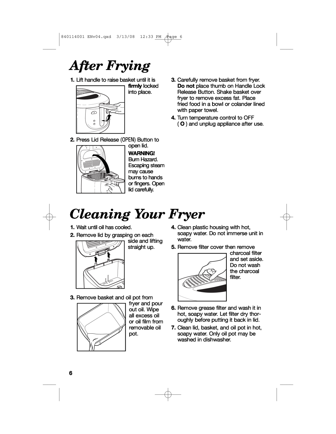 Hamilton Beach 840114001 manual After Frying, Cleaning Your Fryer 