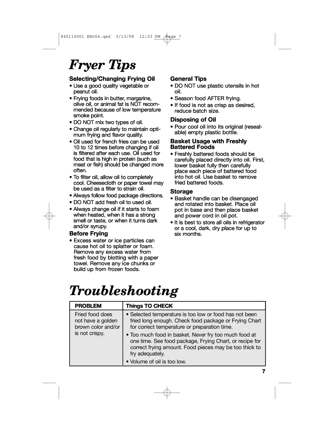 Hamilton Beach 840114001 Fryer Tips, Troubleshooting, Selecting/Changing Frying Oil, Before Frying, General Tips, Storage 