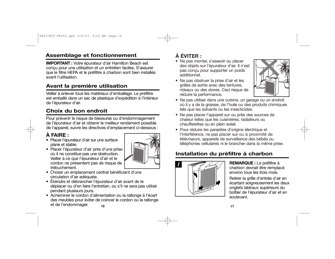 Hamilton Beach 840115800, 04152 manual Assemblage et fonctionnement, Avant la première utilisation, Choix du bon endroit 