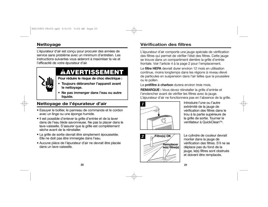 Hamilton Beach 840115800, 04152 manual Nettoyage de l’épurateur d’air, Vérification des filtres 