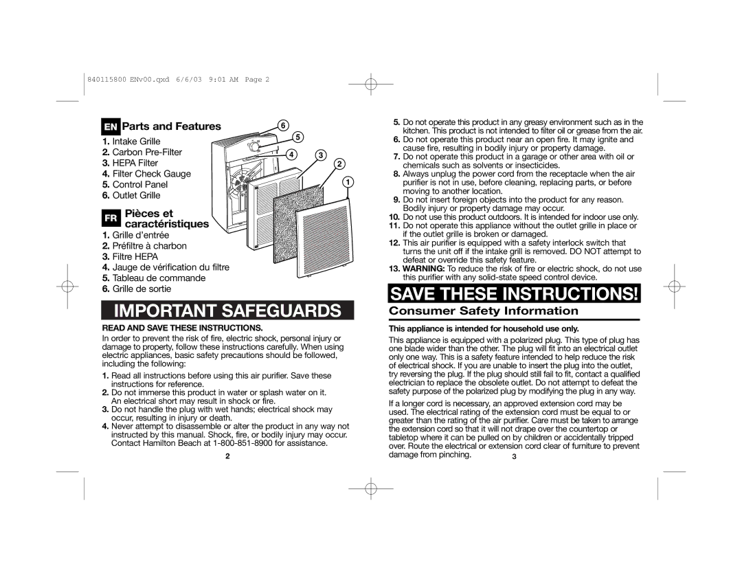 Hamilton Beach 840115800, 04152 manual Consumer Safety Information, Read and Save These Instructions 