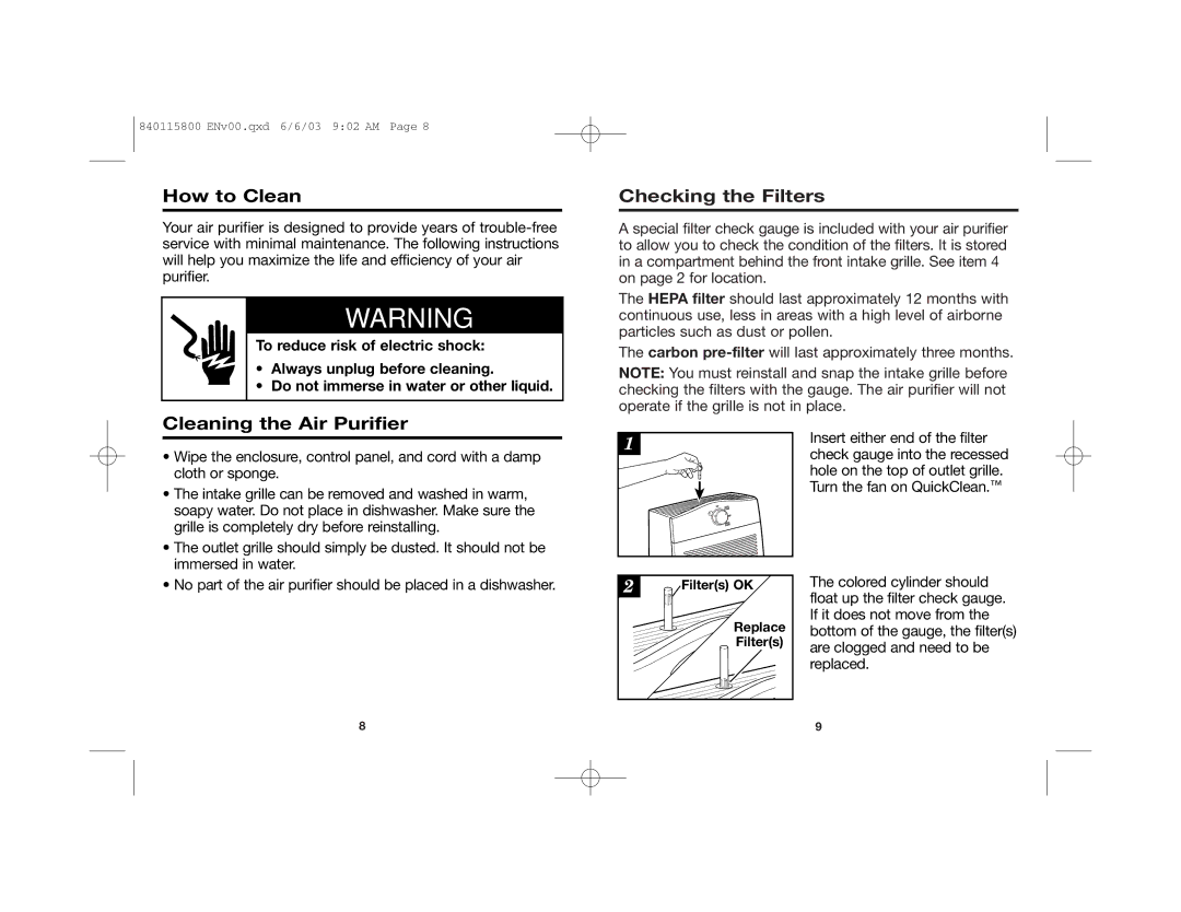 Hamilton Beach 04152, 840115800 manual How to Clean, Cleaning the Air Purifier, Checking the Filters 