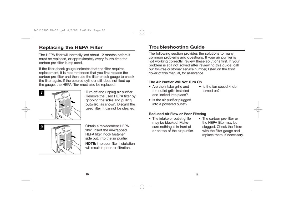 Hamilton Beach 840115800, 04152 manual Replacing the Hepa Filter, Troubleshooting Guide, Reduced Air Flow or Poor Filtering 