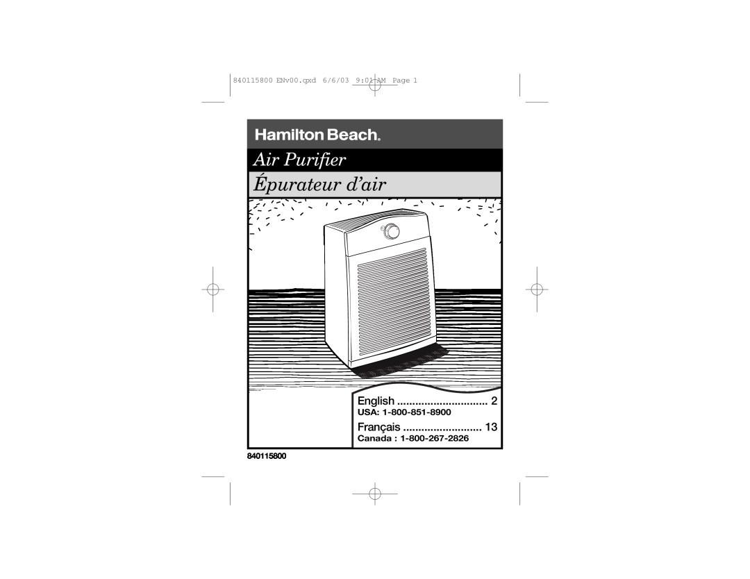 Hamilton Beach 04152 manual English, Français, Usa, Canada, Épurateur d’air, Air Purifier, 840115800 