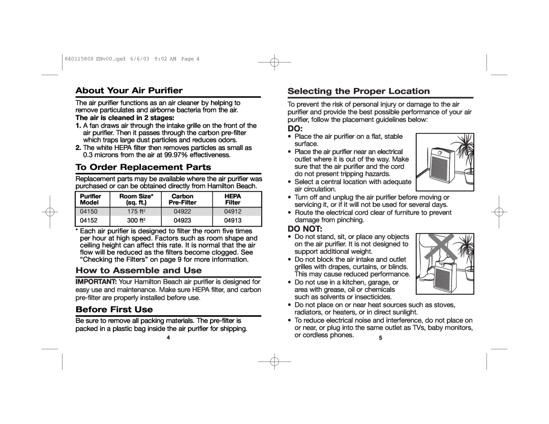 Hamilton Beach 04152 manual About Your Air Purifier, To Order Replacement Parts, How to Assemble and Use, Before First Use 