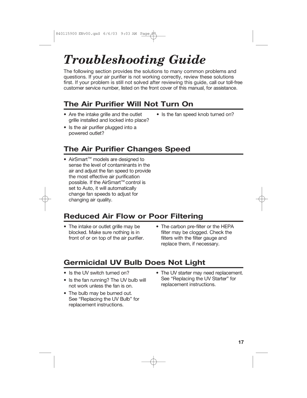 Hamilton Beach 840115900 manual Troubleshooting Guide, Air Purifier Will Not Turn On, Air Purifier Changes Speed 