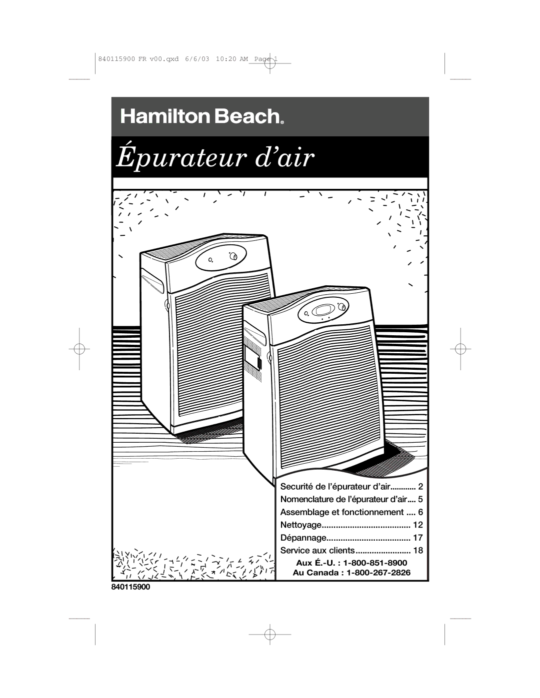 Hamilton Beach 840115900 manual Épurateur d’air, Assemblage et fonctionnement 