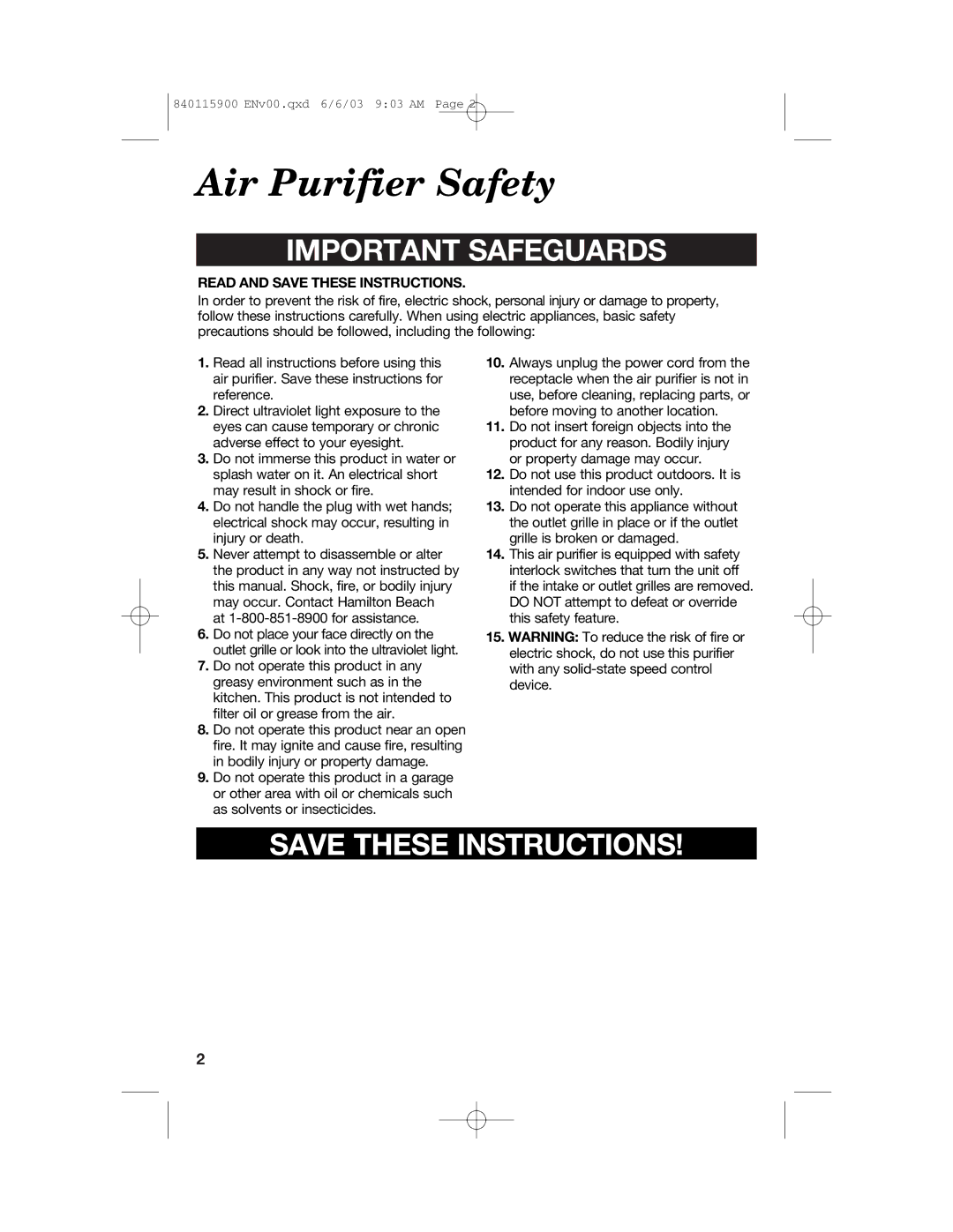 Hamilton Beach 840115900 manual Air Purifier Safety, Important Safeguards 