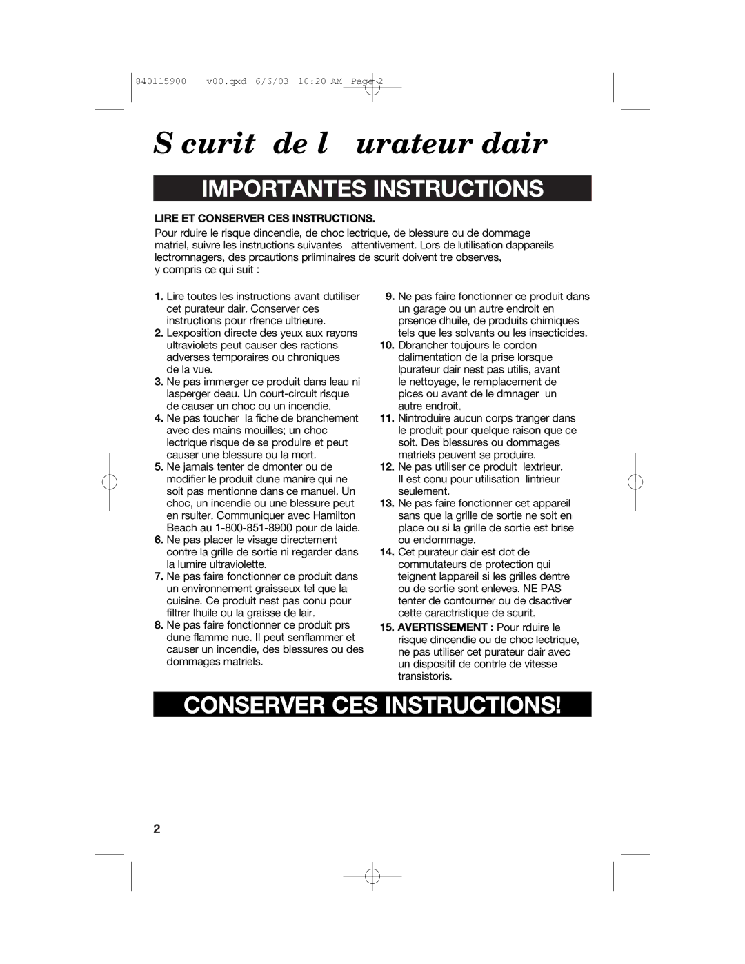 Hamilton Beach 840115900 manual Sécurité de l’épurateur d’air, Importantes Instructions 