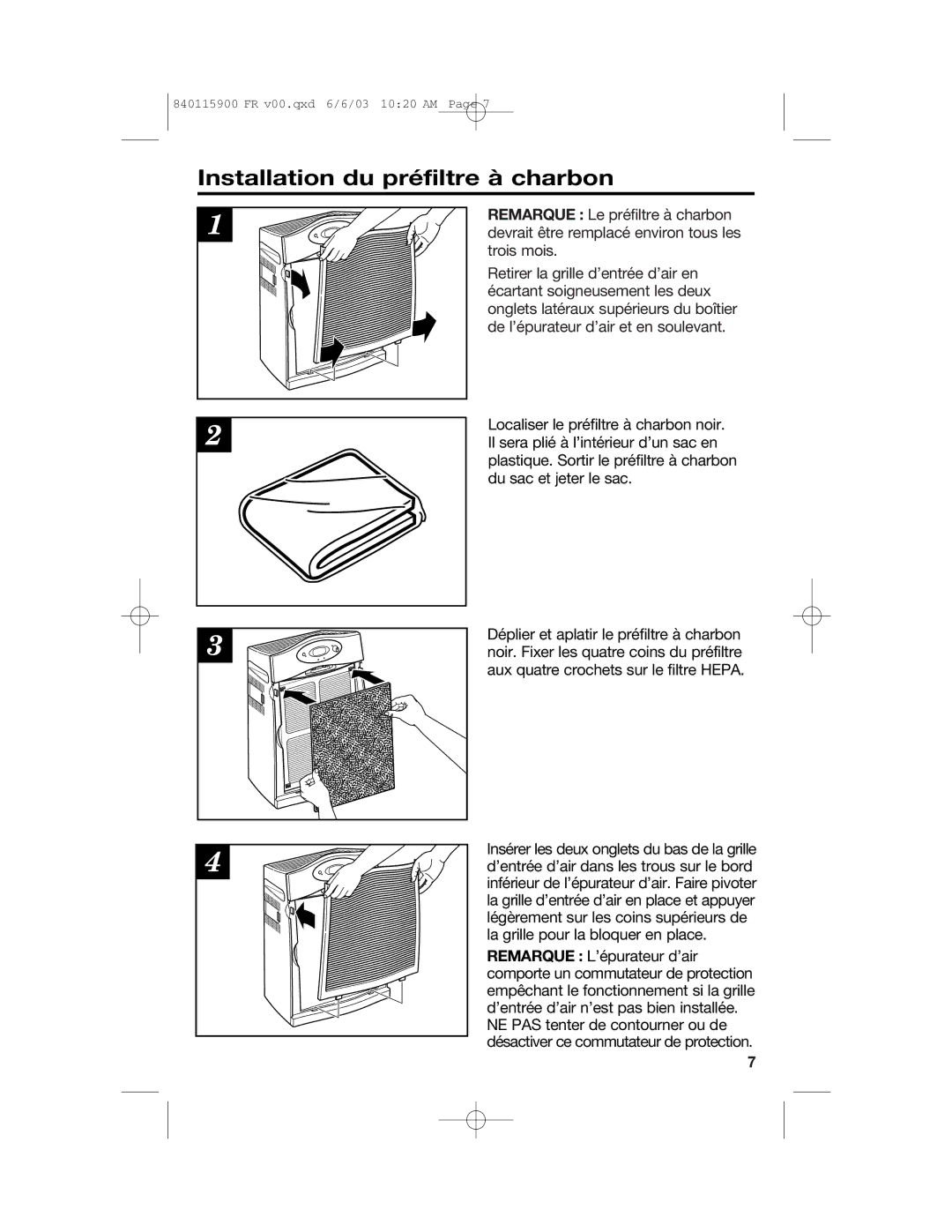 Hamilton Beach 840115900 manual Installation du préfiltre à charbon 