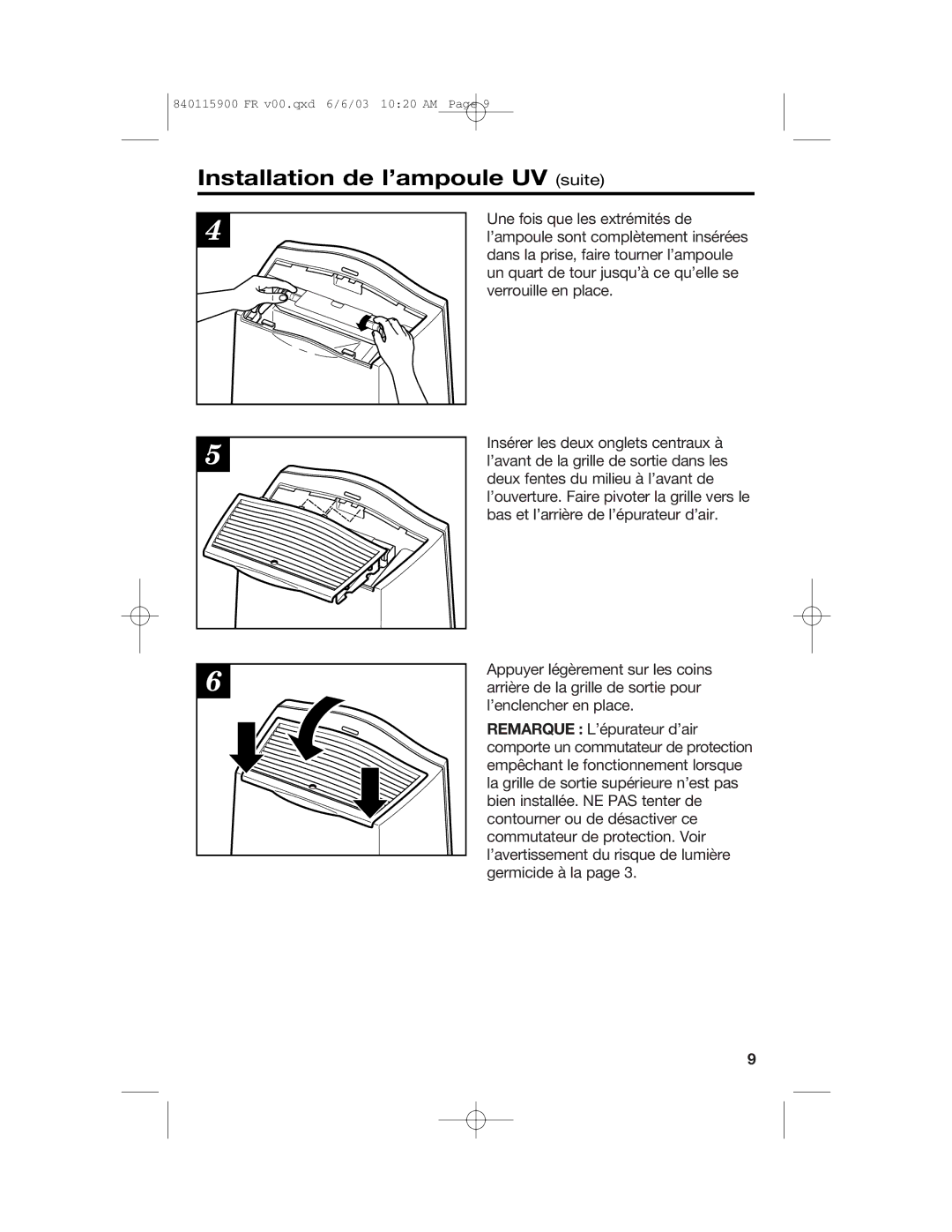 Hamilton Beach 840115900 manual Installation de l’ampoule UV suite 