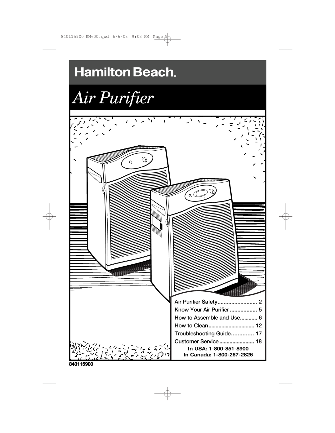 Hamilton Beach 840115900 manual Air Purifier, Troubleshooting Guide, In USA, In Canada 
