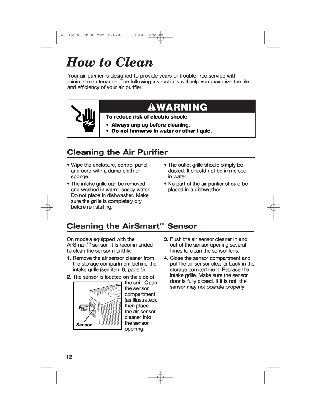 Hamilton Beach 840115900 manual How to Clean, Cleaning the Air Purifier, Cleaning the AirSmart Sensor, wWARNING 