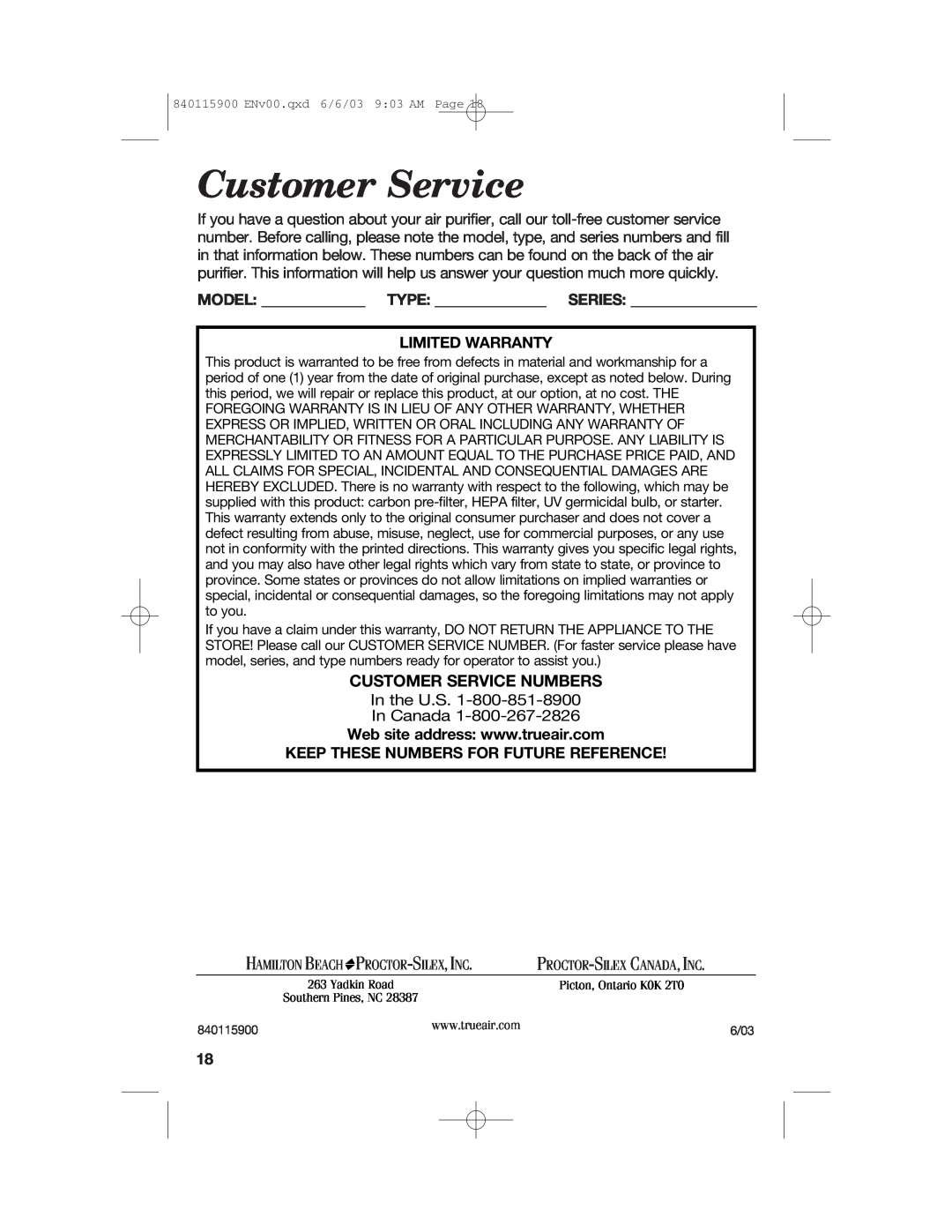 Hamilton Beach 840115900 manual Customer Service Numbers 