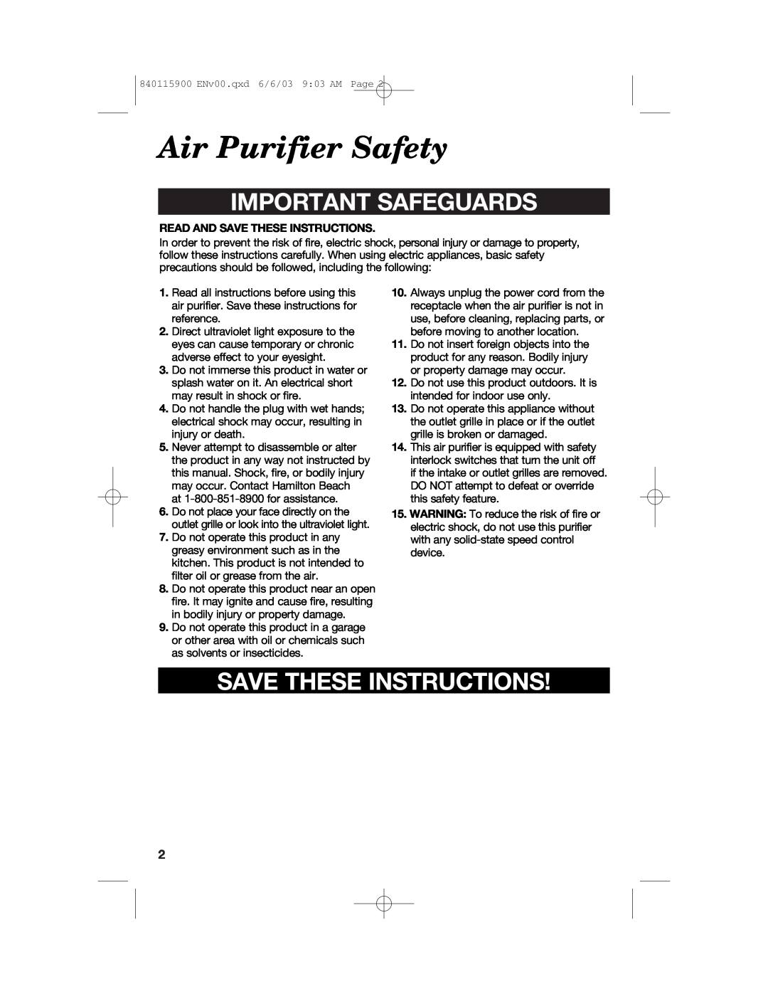Hamilton Beach 840115900 manual Air Purifier Safety, Important Safeguards, Save These Instructions 