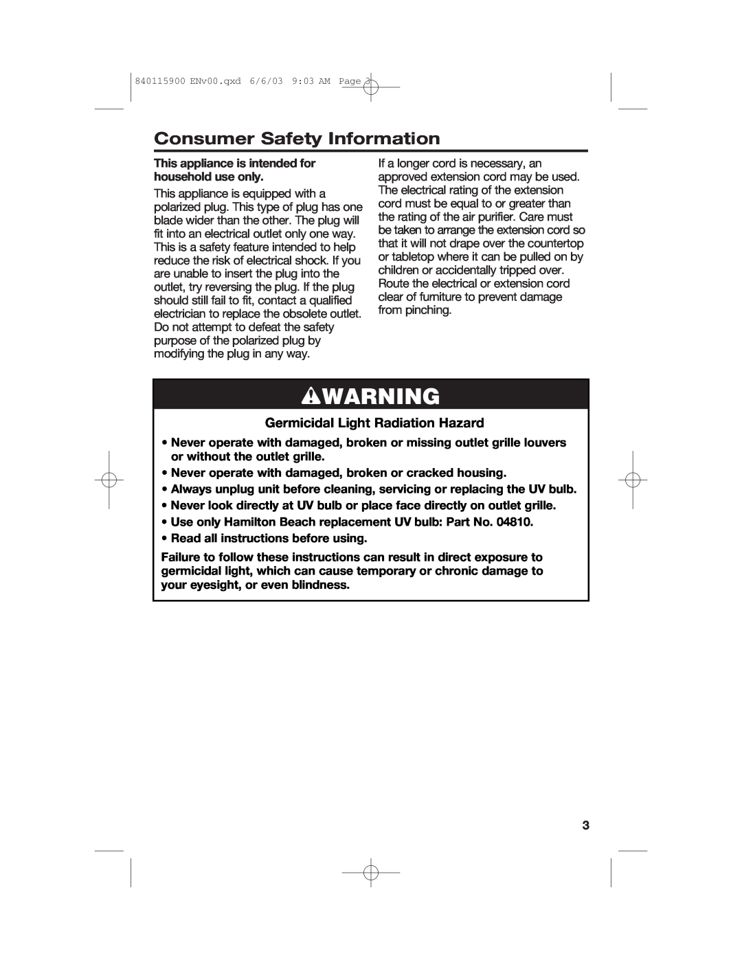 Hamilton Beach 840115900 manual wWARNING, Consumer Safety Information, Germicidal Light Radiation Hazard 