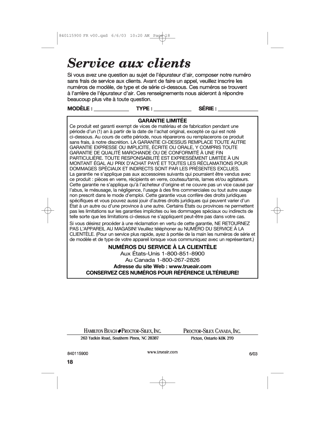 Hamilton Beach 840115900 manual Service aux clients, Numéros Du Service À La Clientèle 