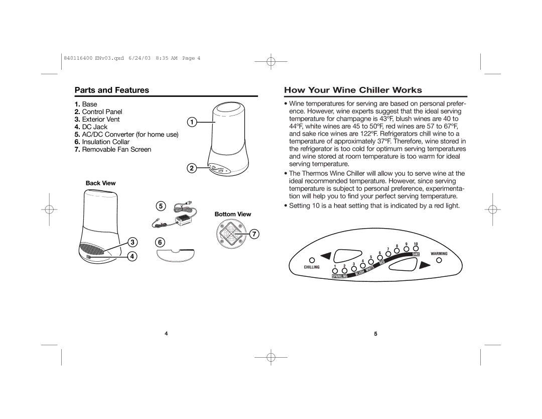 Hamilton Beach 840116400 manual How Your Wine Chiller Works, Parts and Features 