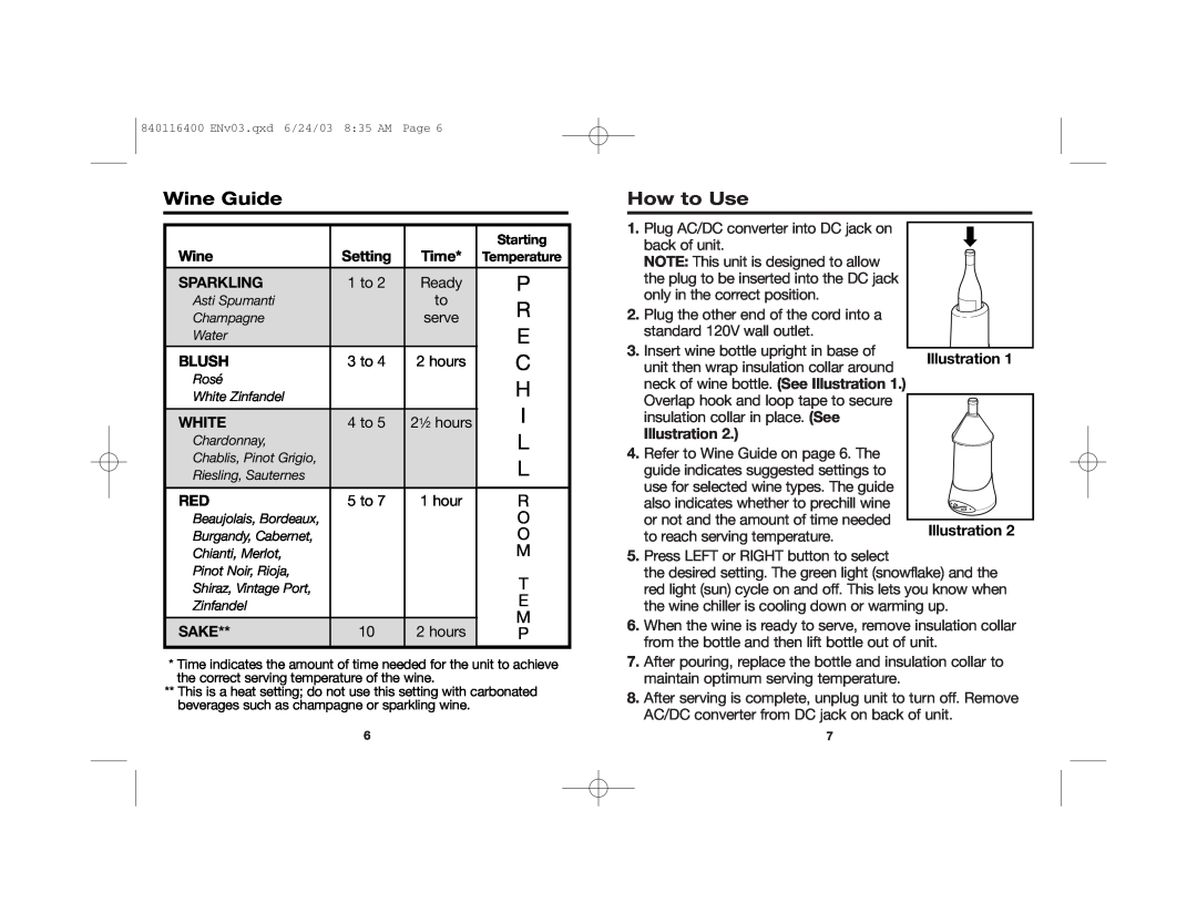 Hamilton Beach 840116400 manual Wine Guide, How to Use, Sparkling, Blush, White, Illustration Illustration, Sake 