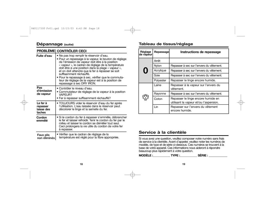 Hamilton Beach 840117300 Dépannage suite, Service à la clientèle, Tableau de tissus/réglage, Instructions de repassage 