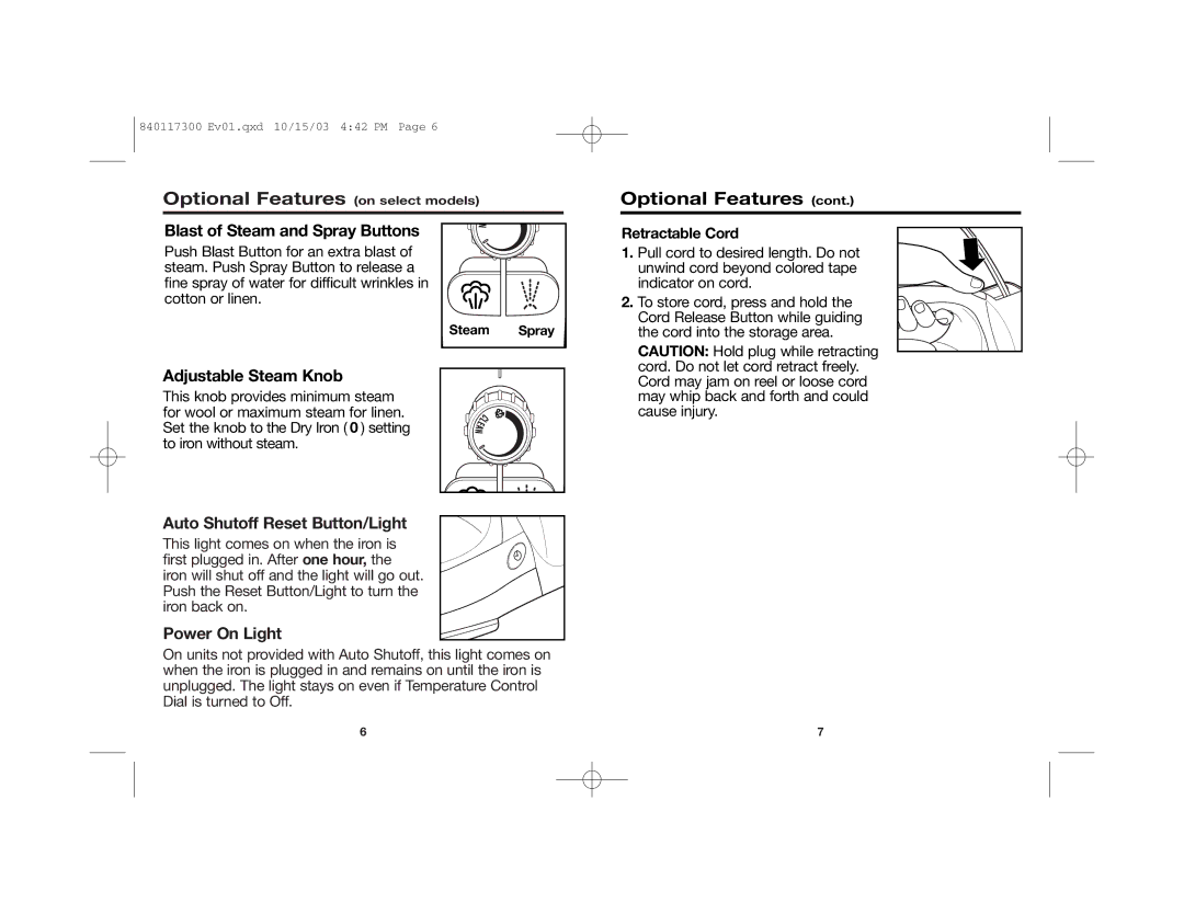 Hamilton Beach 840117300 manual Optional Features on select models, Retractable Cord, Steam Spray 