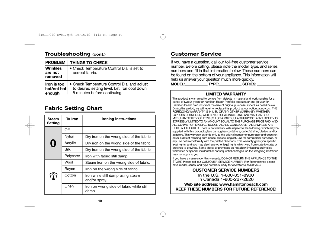 Hamilton Beach 840117300 Fabric Setting Chart, Customer Service, Limited Warranty, Keep These Numbers for Future Reference 