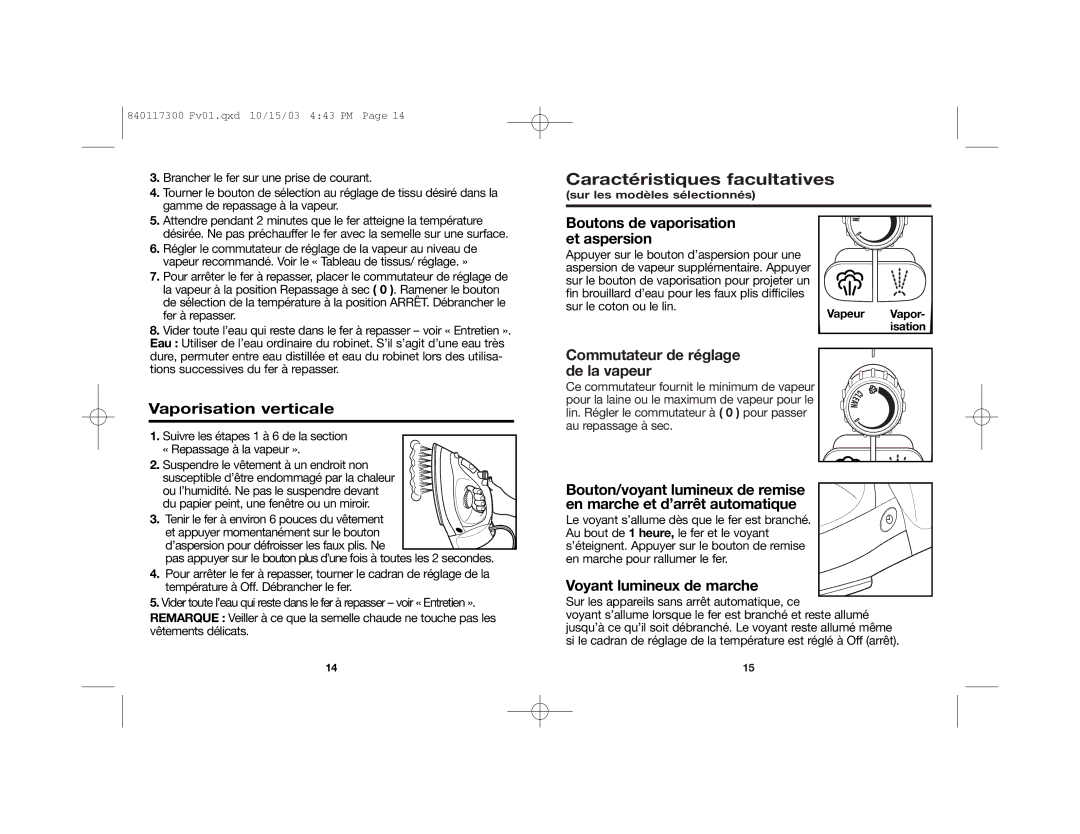 Hamilton Beach 840117300 manual Caractéristiques facultatives, Vaporisation verticale, Sur les modèles sélectionnés 