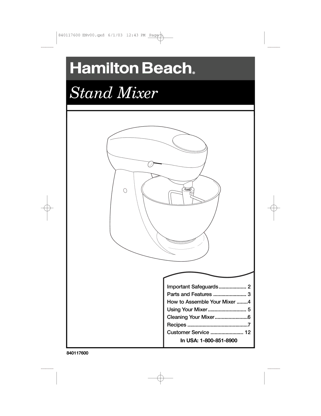 Hamilton Beach 840117600 manual Stand Mixer, Usa 