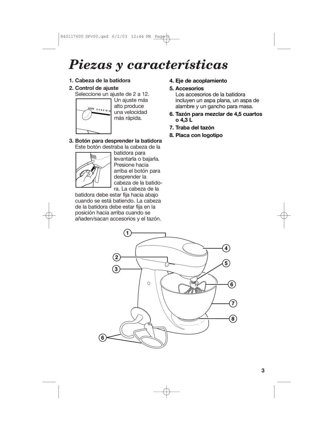 Hamilton Beach 840117600 Piezas y características, Cabeza de la batidora Control de ajuste, Eje de acoplamiento Accesorios 