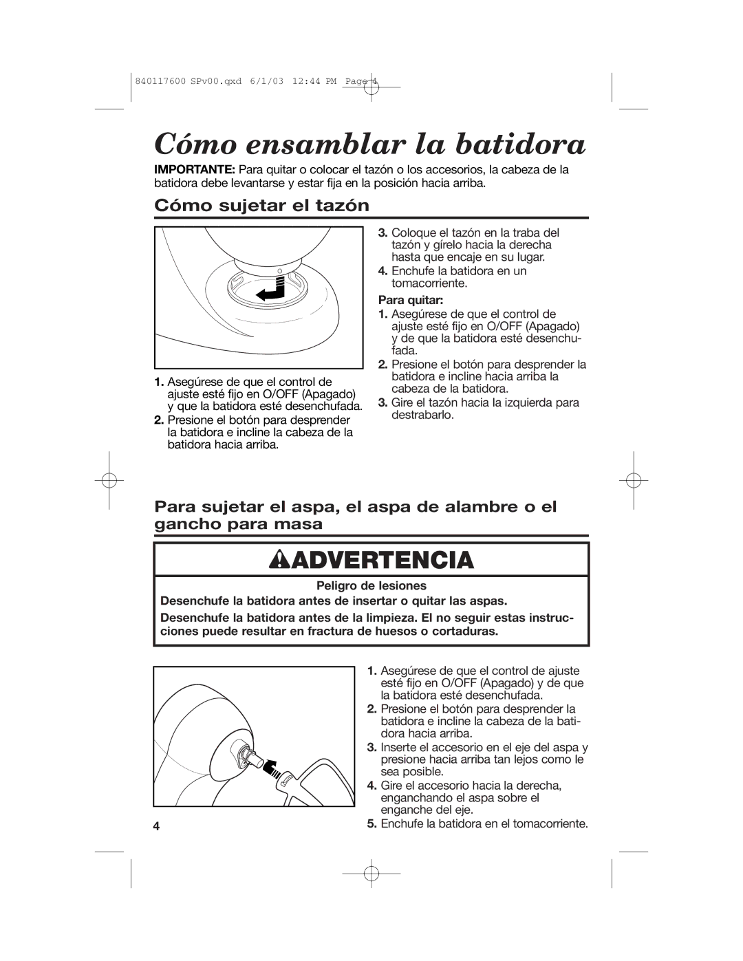 Hamilton Beach 840117600 manual Cómo ensamblar la batidora, Para quitar 