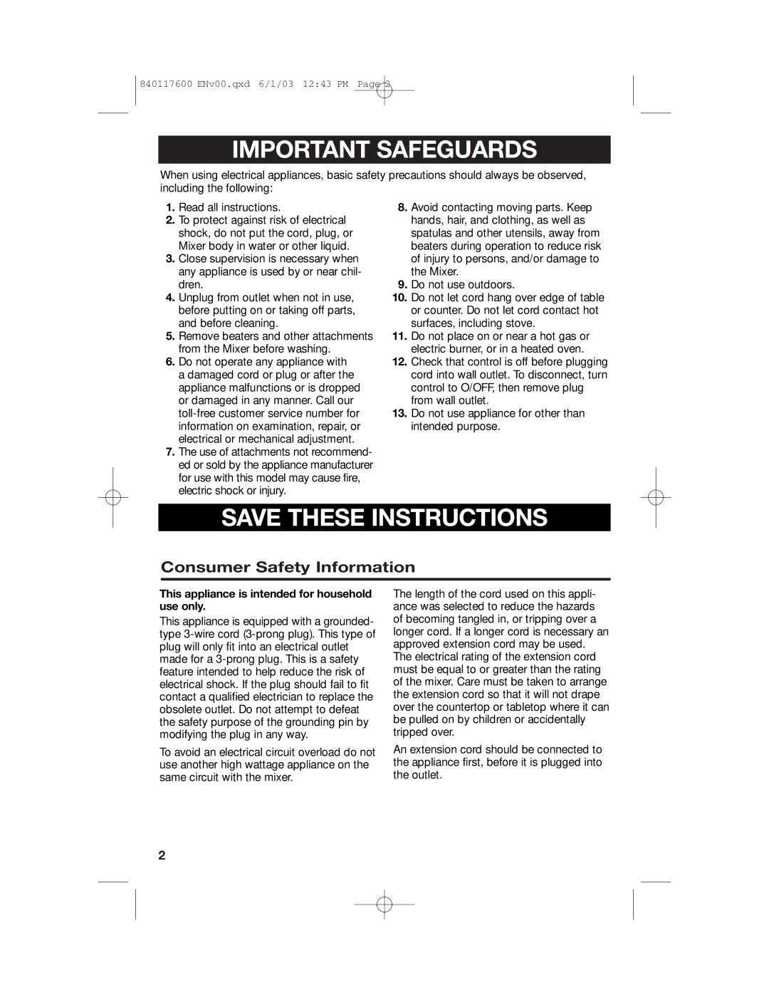 Hamilton Beach 840117600 manual Important Safeguards, Consumer Safety Information 