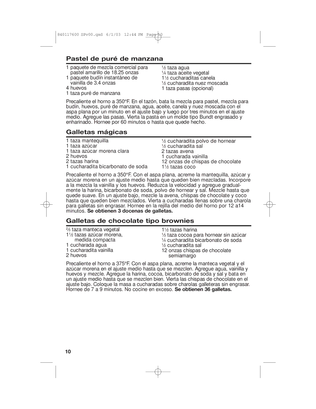 Hamilton Beach 840117600 manual Pastel de puré de manzana, Galletas mágicas, Galletas de chocolate tipo brownies 