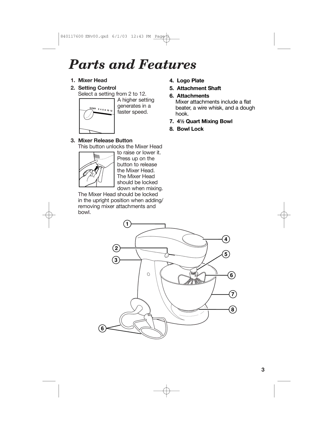 Hamilton Beach 840117600 manual Parts and Features, Mixer Head Setting Control, Mixer Release Button 