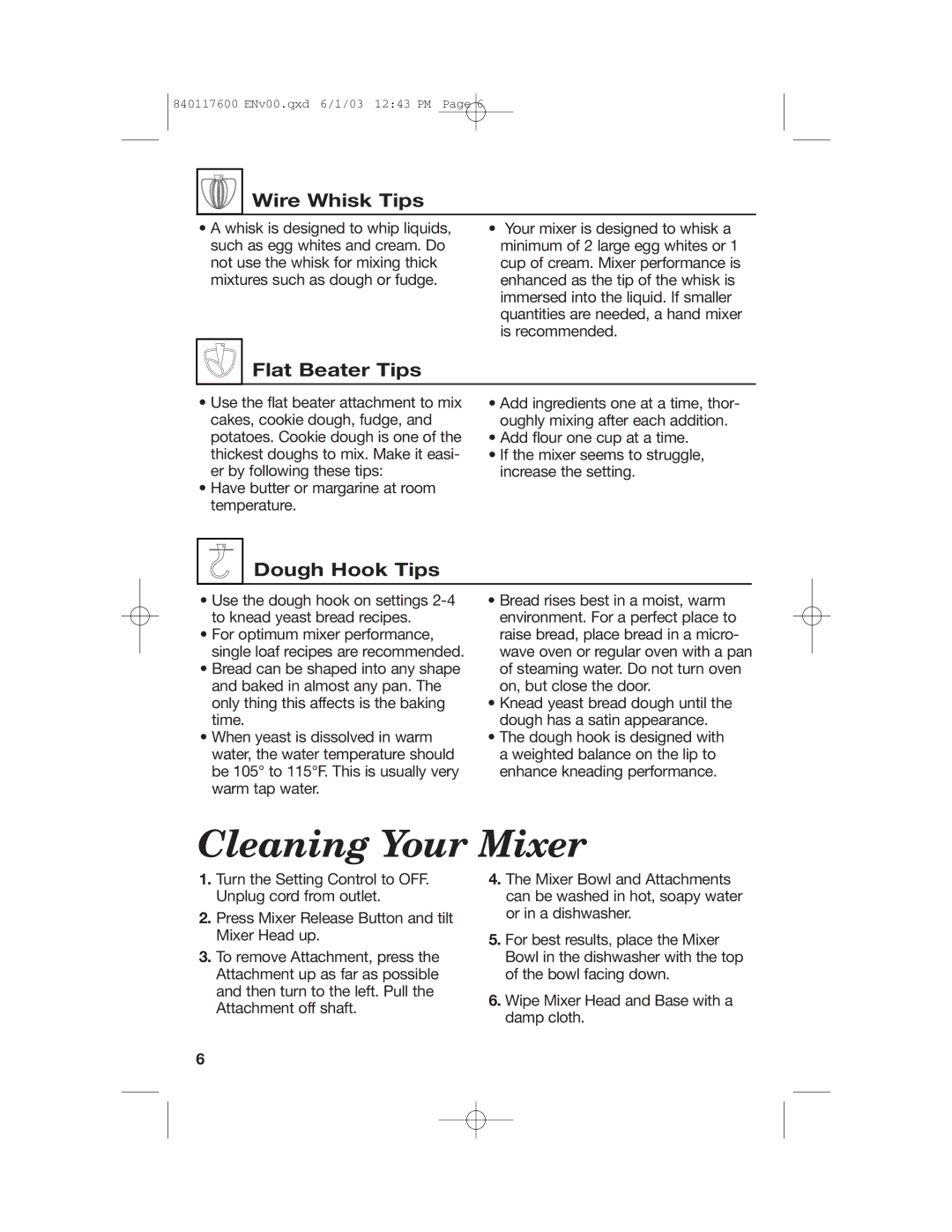Hamilton Beach 840117600 manual Cleaning Your Mixer, Wire Whisk Tips, Flat Beater Tips, Dough Hook Tips 