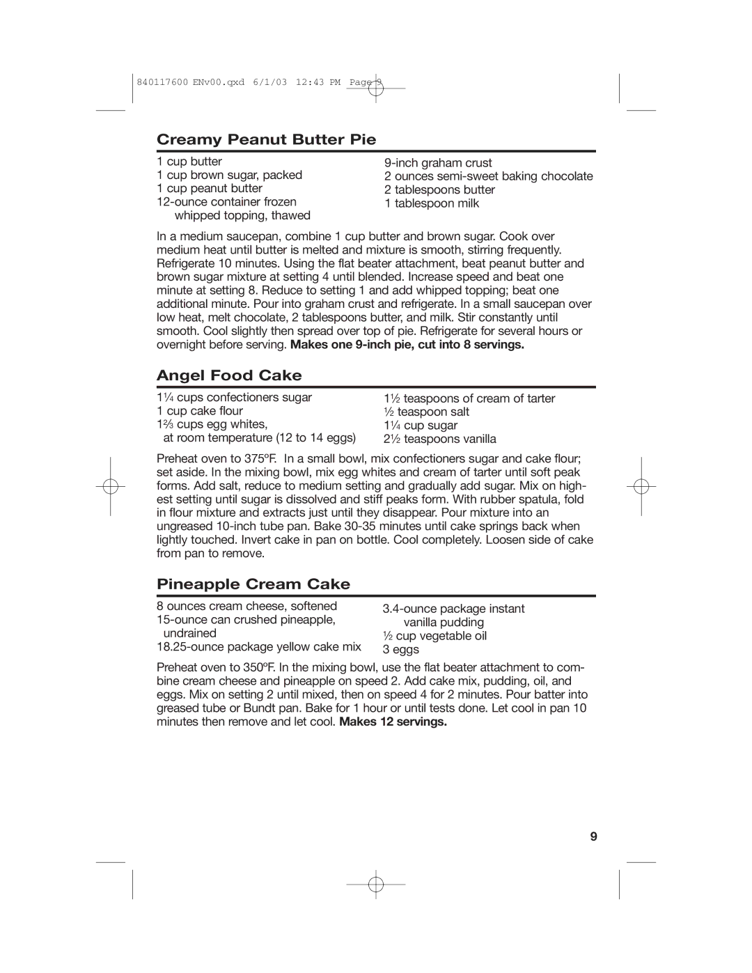 Hamilton Beach 840117600 manual Creamy Peanut Butter Pie, Angel Food Cake, Pineapple Cream Cake 