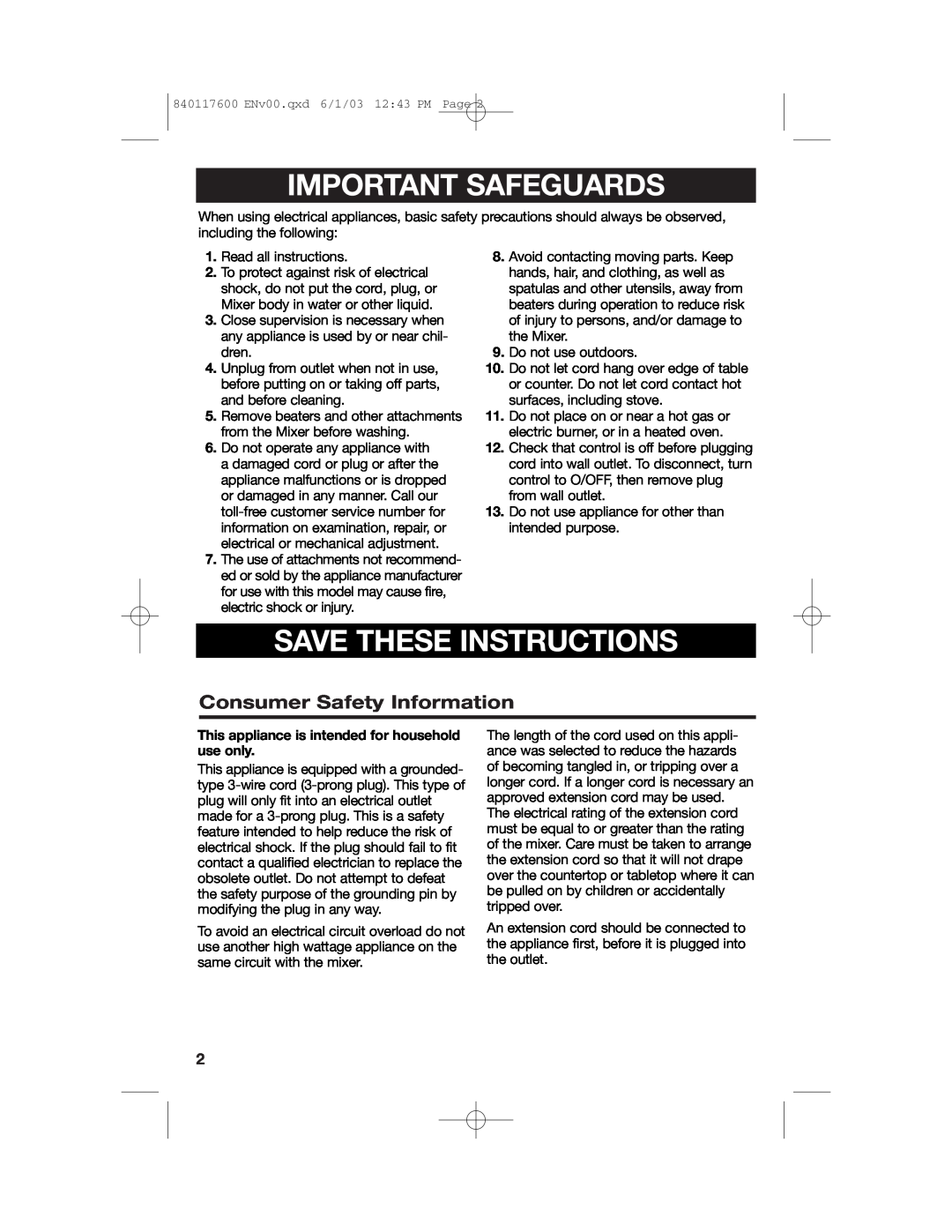 Hamilton Beach 840117600 manual Important Safeguards, Save These Instructions, Consumer Safety Information 