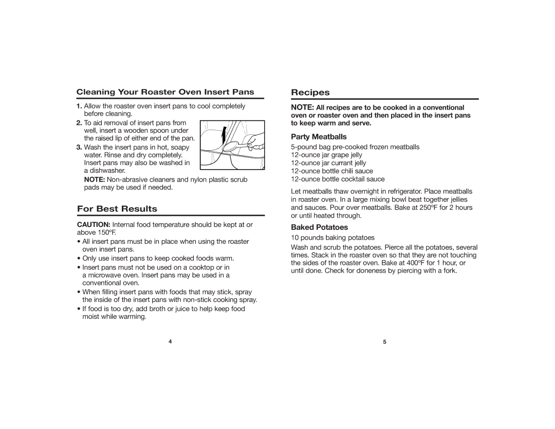 Hamilton Beach 840117700 manual For Best Results, Recipes, Cleaning Your Roaster Oven Insert Pans, Party Meatballs 