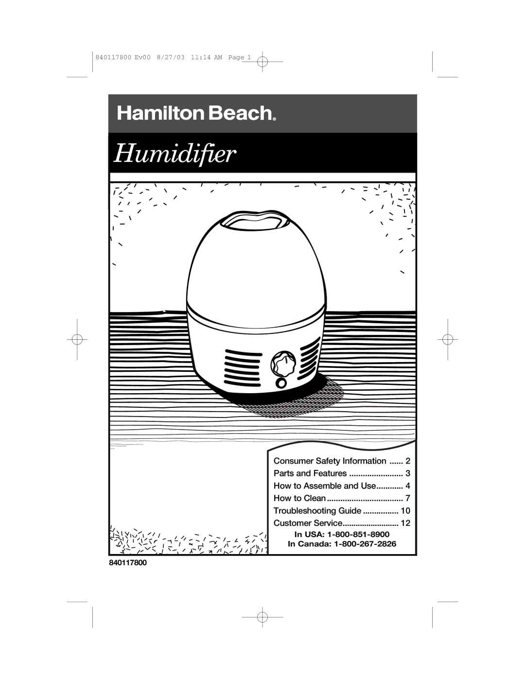 Hamilton Beach 840117800 manual Humidifier, Consumer Safety Information 