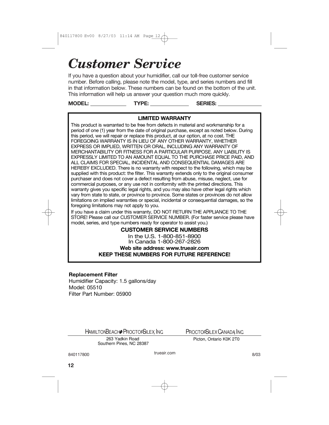 Hamilton Beach 840117800 manual Customer Service, Model Type Series, U.S Canada, Replacement Filter 