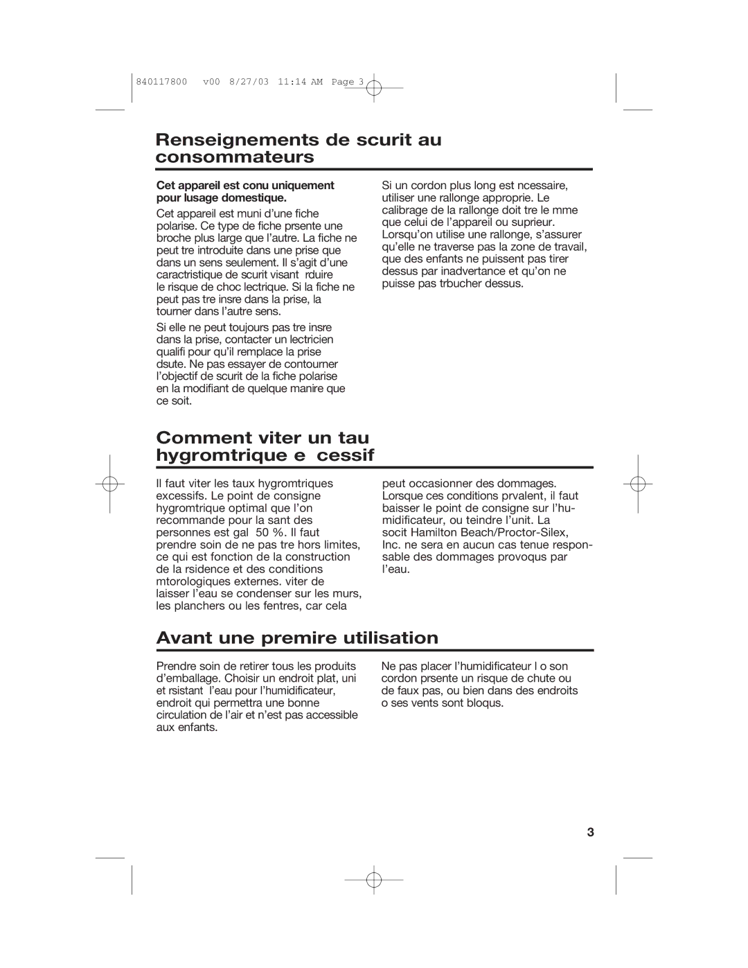 Hamilton Beach 840117800 manual Renseignements de sécurité aux consommateurs, Comment éviter un taux hygrométrique excessif 