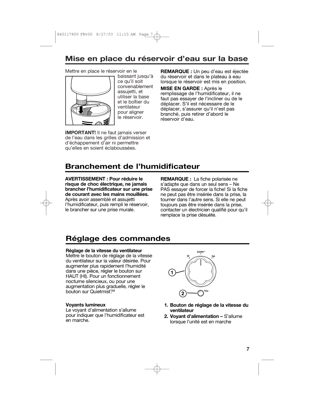 Hamilton Beach 840117800 manual Mise en place du réservoir d’eau sur la base, Branchement de l’humidificateur 