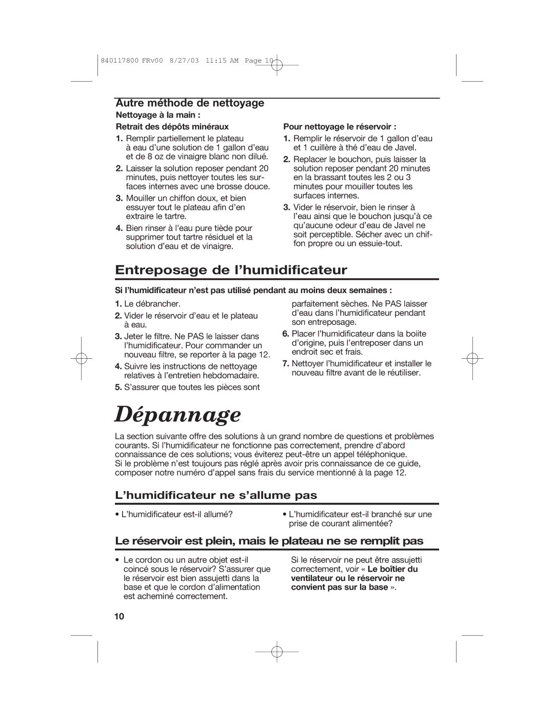 Hamilton Beach 840117800 manual Dépannage, Entreposage de l’humidificateur, Autre méthode de nettoyage 