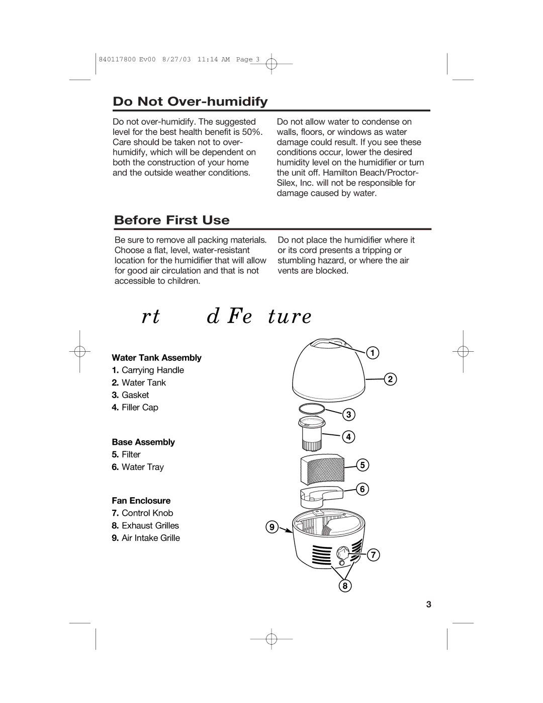 Hamilton Beach 840117800 manual Parts and Features, Do Not Over-humidify, Before First Use 