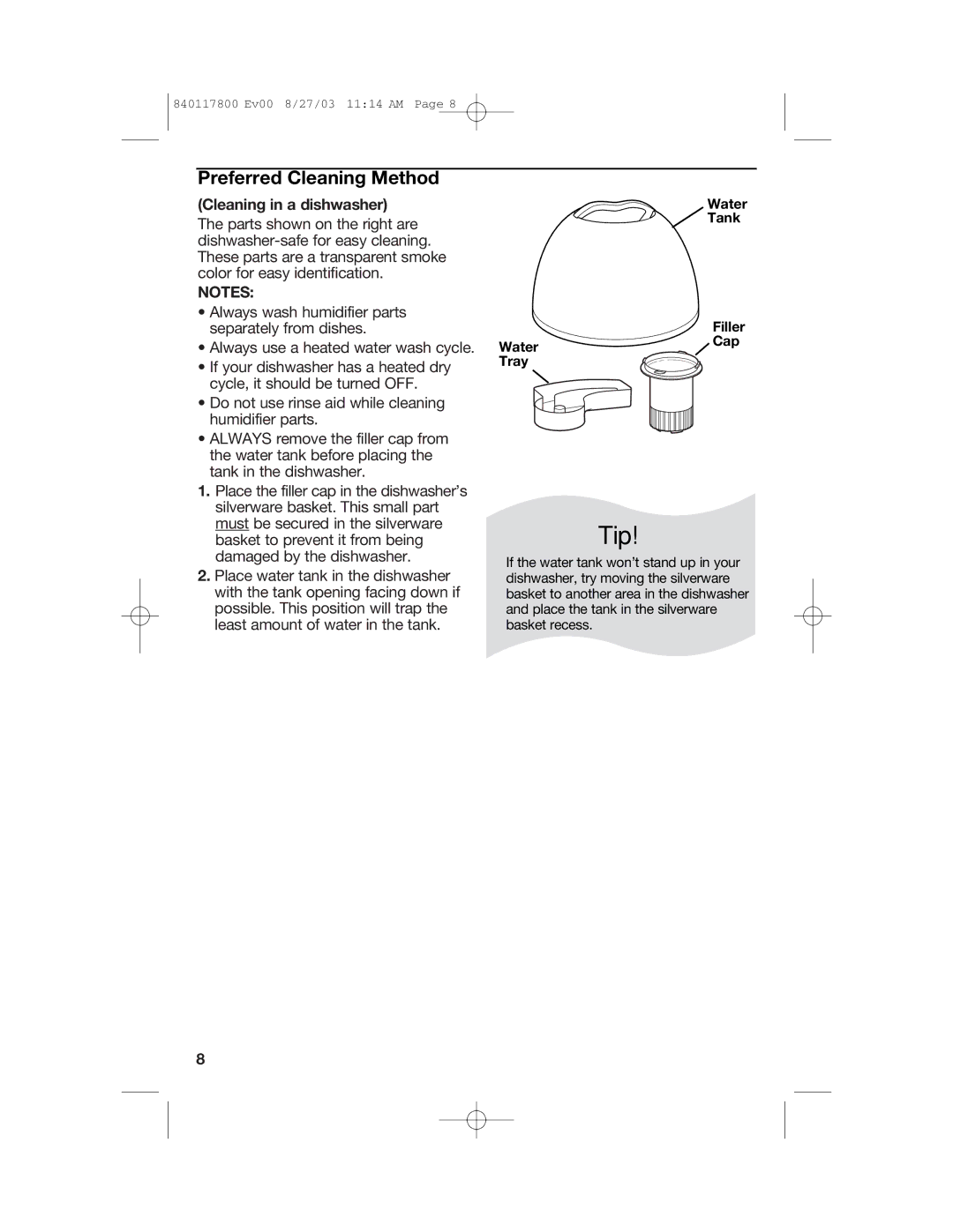 Hamilton Beach 840117800 manual Tip, Preferred Cleaning Method, Cleaning in a dishwasher 