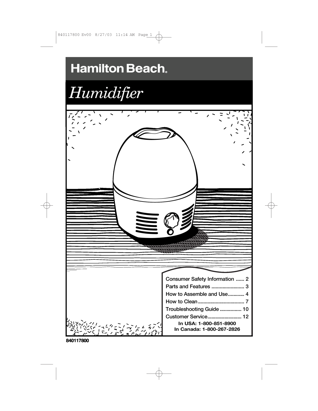 Hamilton Beach manual Humidifier, Consumer Safety Information, 840117800 Ev00 8/27/03 11 14 AM Page 