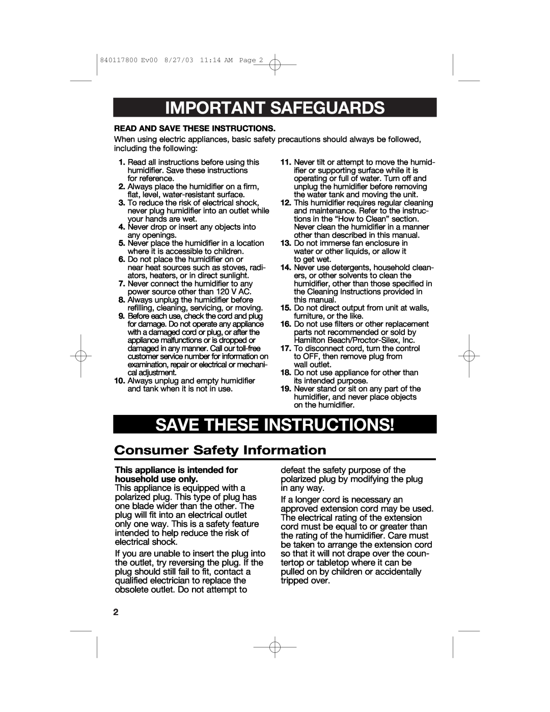 Hamilton Beach 840117800 manual Important Safeguards, Save These Instructions, Consumer Safety Information 